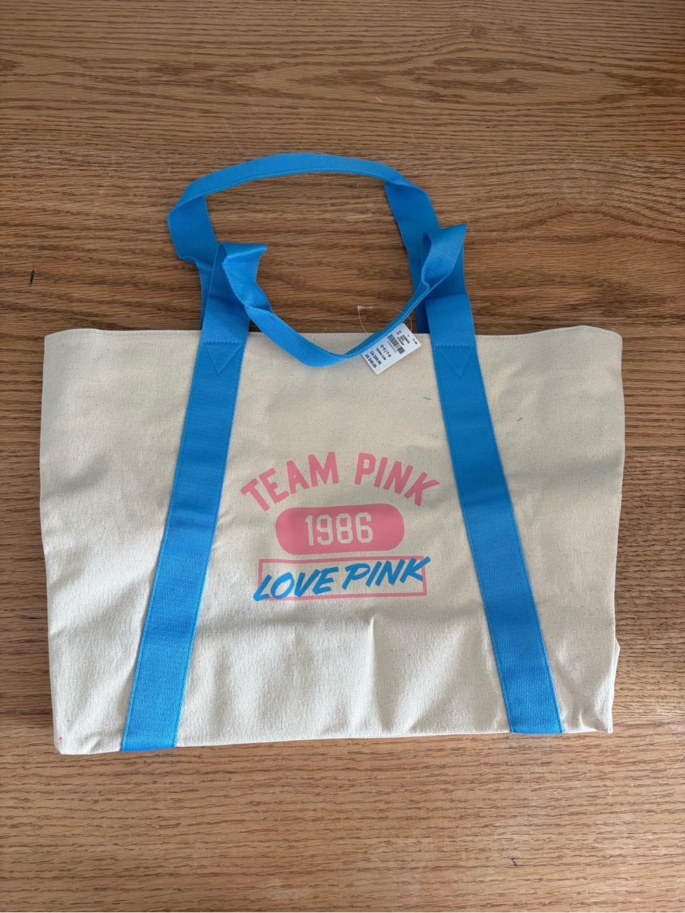 PINK Victoria's Secret Cream Canvas Tote with Blue Straps and Pink Logo